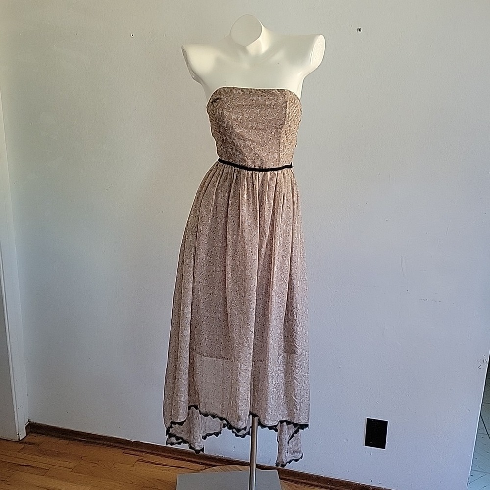 Line Dot Strapless Silk Chiffon‎ High Low Dress Small Tan Allover Zebra Print